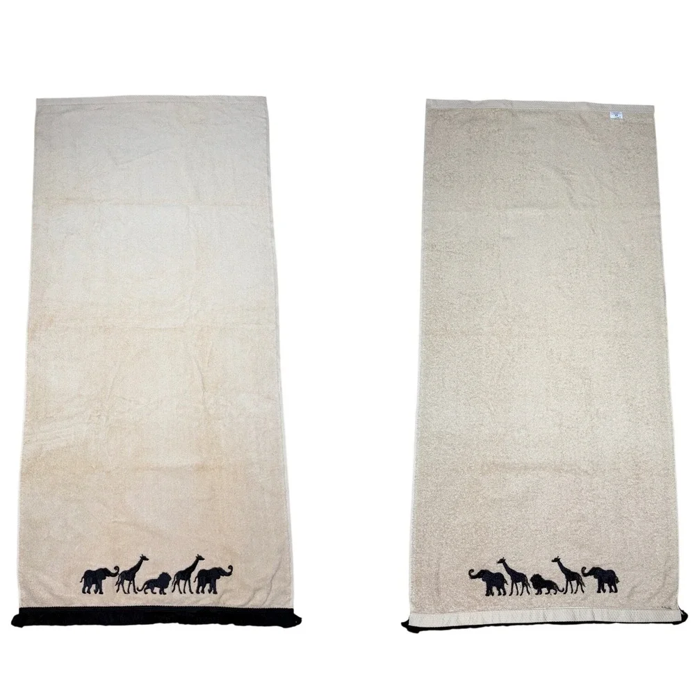 Vtg Avanti Safari Animal Embroidered Fringe Towel Set 5pc Beige Black Cotton USA